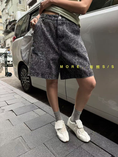 More有熊2026夏新款韩版复古风豹纹印花牛仔短裤五分裤女2825