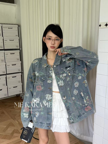 ME KAKAMEE秋新品洗水做旧花卉设计感牛仔外套大版休闲百搭3399