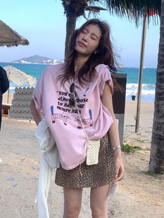 The lemon春美式少女感字母图案印花短袖T恤+豹纹半身裙套装10131