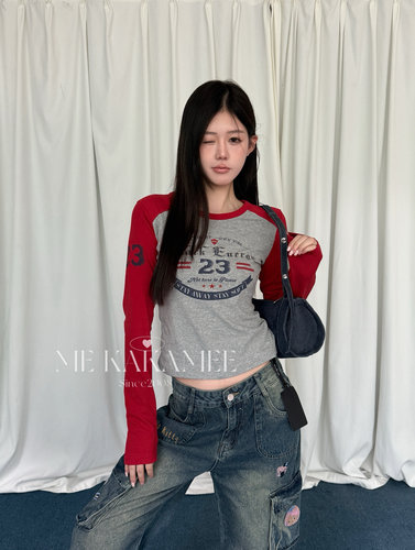 ME KAKAMEE秋新品美式复古辣妹插肩袖撞色小版高弹长袖T恤S5631