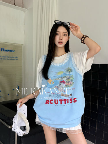 ME KAKAMEE夏新品海岛度假KT喷画重工蕾丝拼接宽松大版背心S5159