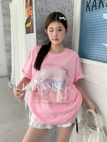 ME KAKAMEE夏韩系甜美海岛KT设计感蕾丝拼接宽松大版短袖T恤S5061