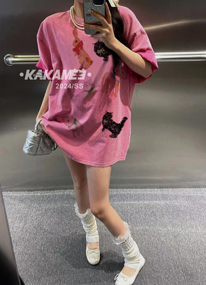 KAKAMEE早春新款喷画卡通动物狗狗大版短袖T恤上衣女休闲