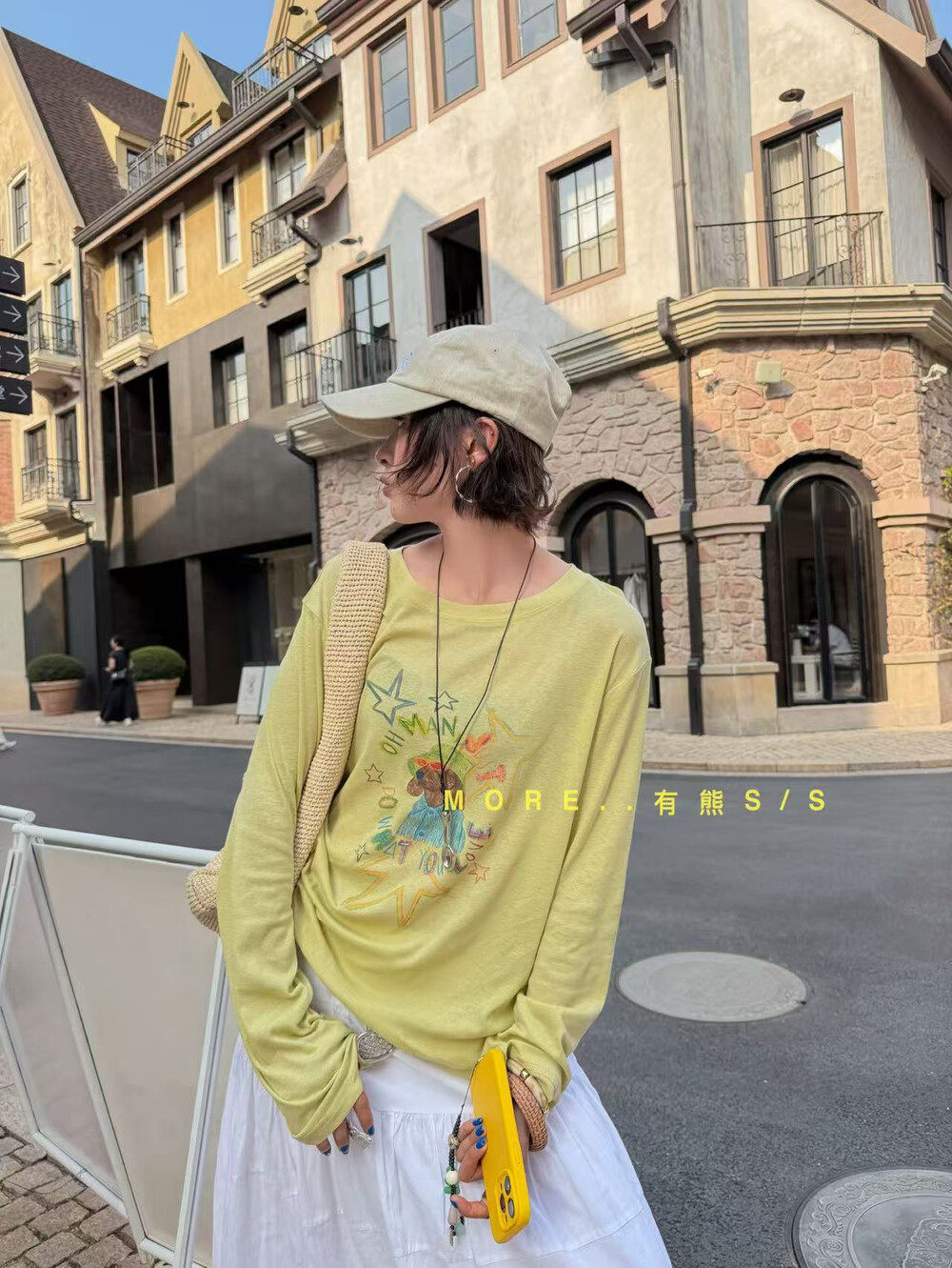 More有熊夏新款欧货圆领帽子小狗印花防晒衫休闲上衣长袖T恤8938