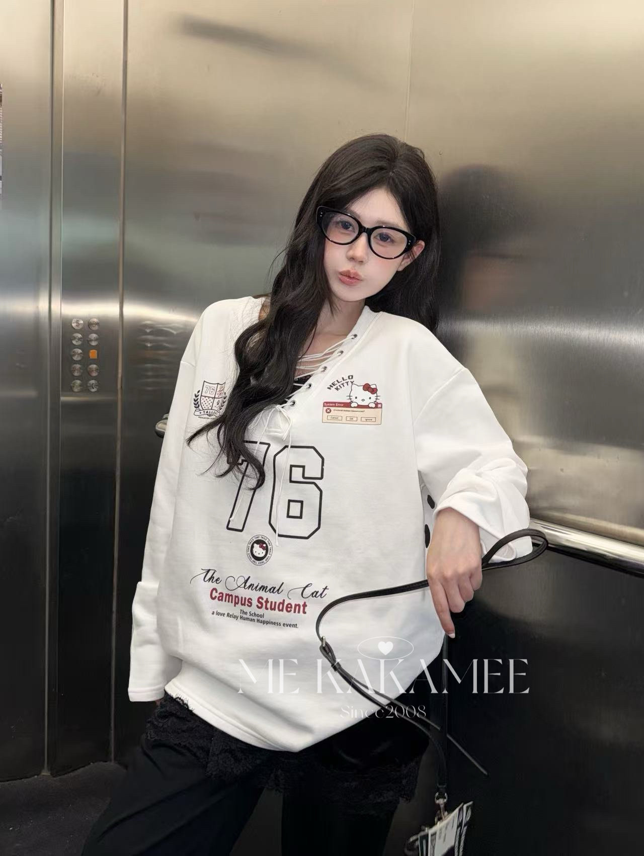 ME KAKAMEE冬新款美式复古辣妹V领绑带印花数字加绒卫衣S5735