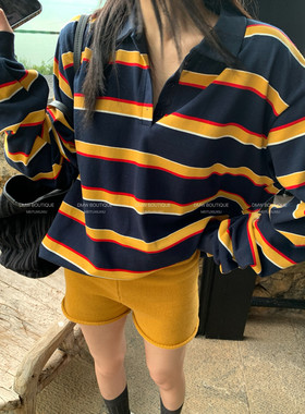 DMW休闲美式POLO领宽松条纹字母印花图案宽松显瘦长袖POLO衫11084