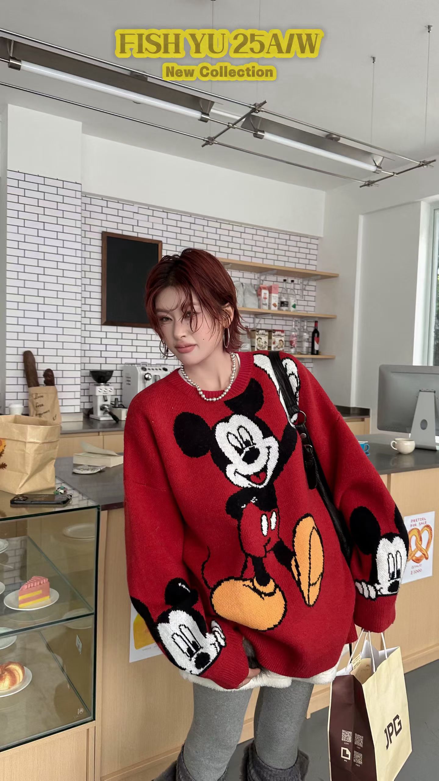 YU冬新款韩版卡通米奇宽松慵懒风减龄针织红色毛衣大版女625681