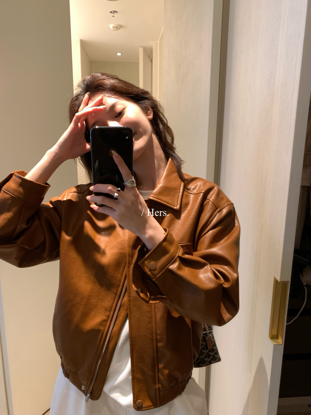 Hers秋新款韩版休闲简约日常复古街头感夹克皮衣外套女