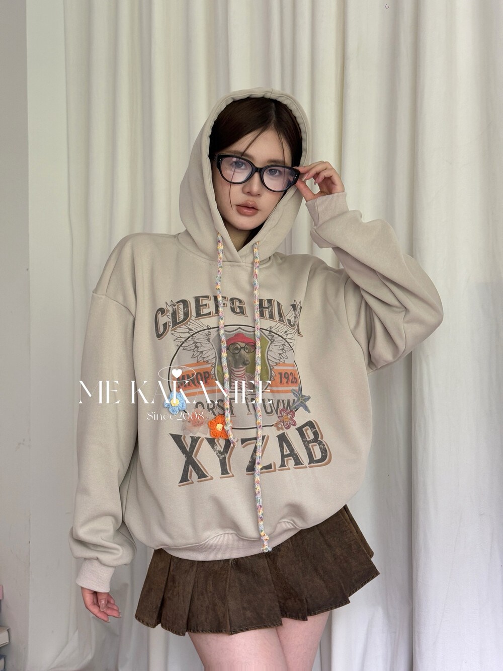 ME KAKAMEE秋新品美式腊肠狗立体花朵加绒宽松连帽卫衣S3701