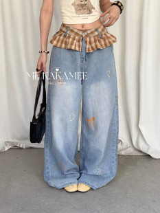 女休闲C0762 拼接格纹假两件设计喷画KT猫牛仔裤 KAKAMEE春新品