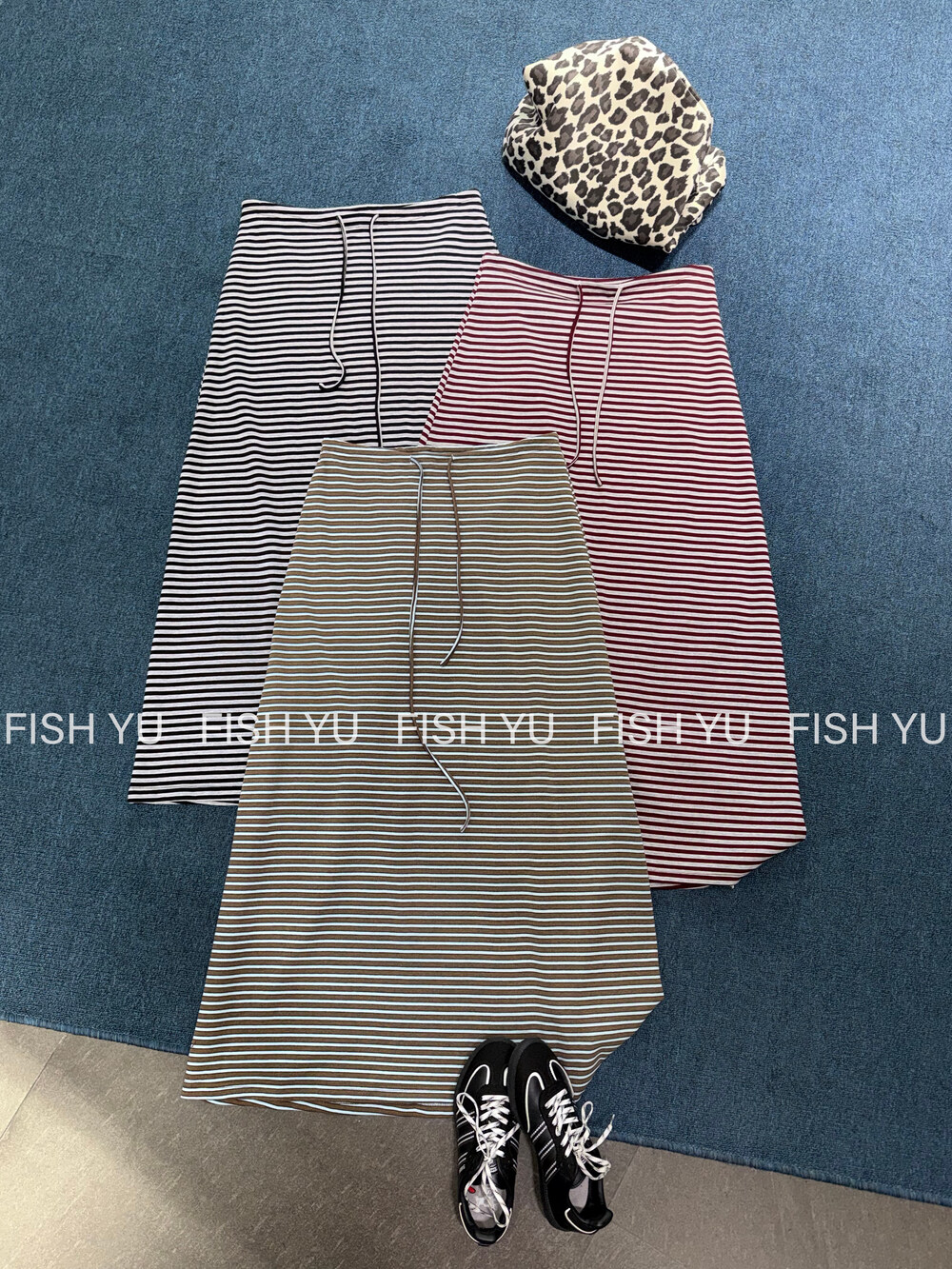 FISH YU韩系梨形身材天菜慵懒撞色条纹休闲A字版型半身裙26313