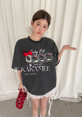 ME KAKAMEE九宫格喷画立体蝴蝶结水洗做旧宽松大版短袖T恤S3953