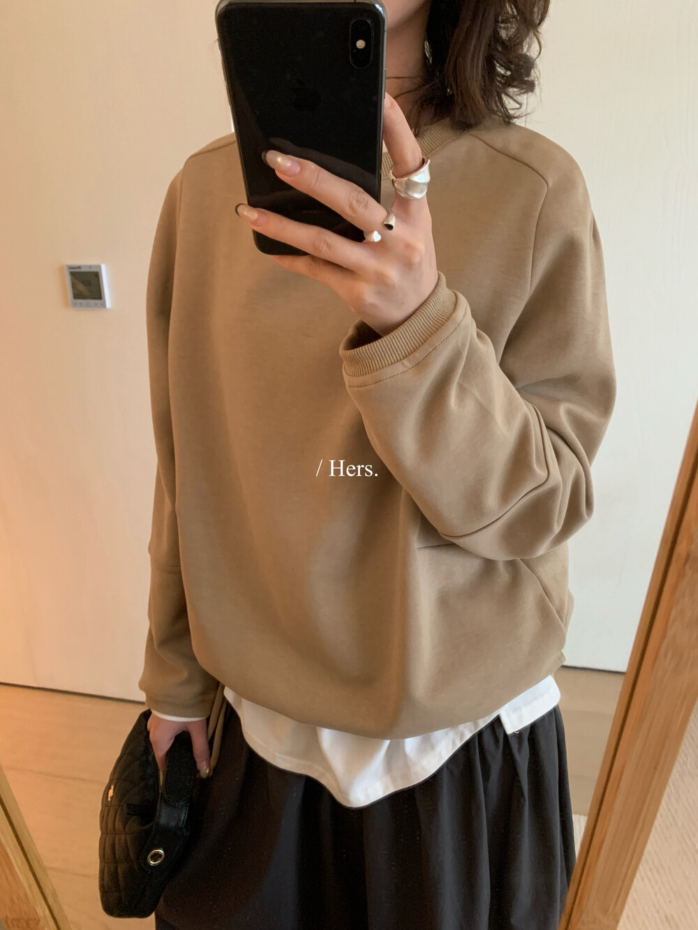 Hers早秋新款韩版简约日常下摆抽绳小设计感纯色卫衣女休闲66637