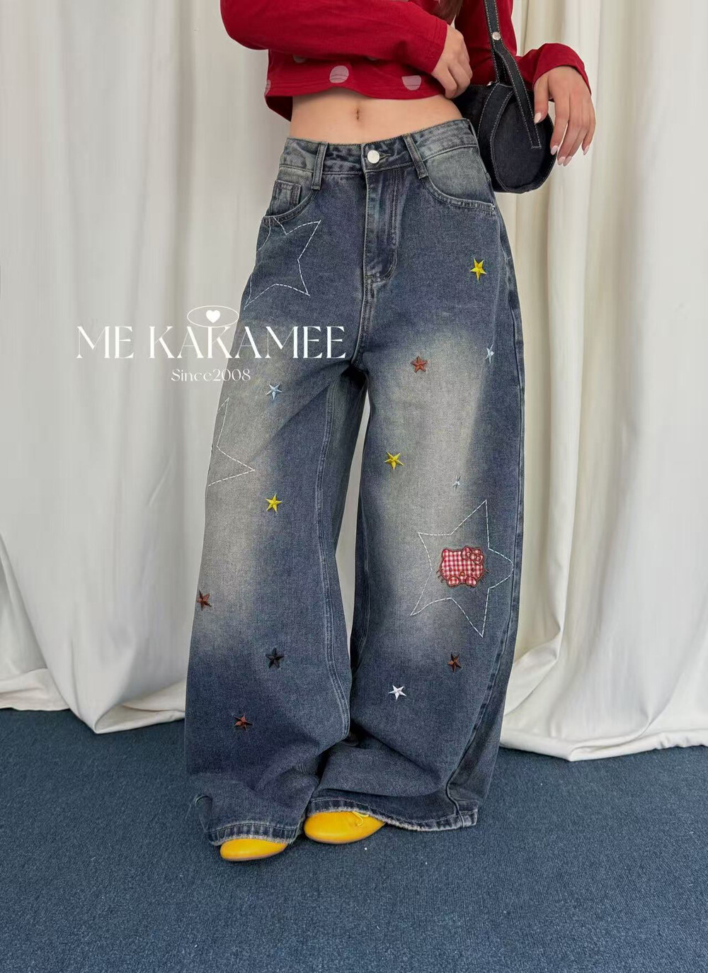 ME KAKAMEE秋新品贴布刺绣KT猫休闲显瘦设计感阔腿牛仔裤C0899