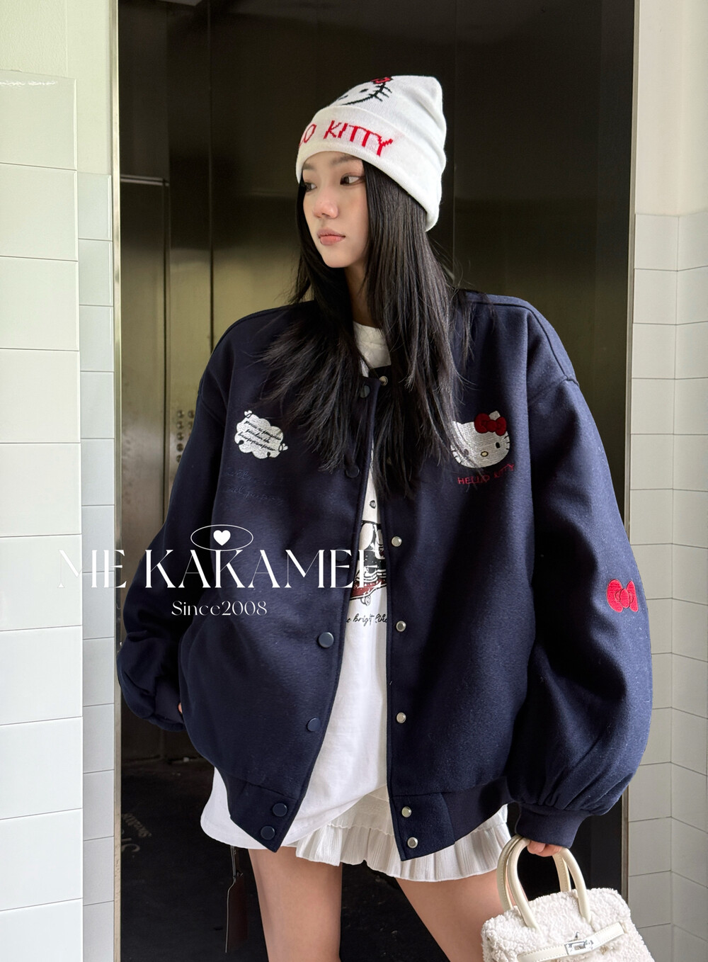 KAKAMEE冬新品重工蝴蝶结KT刺绣加厚毛呢夹棉大版棒球服外套S3739