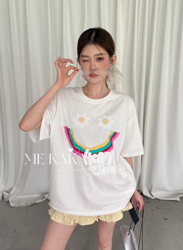 ME KAKAMEE夏新品韩系彩虹笑脸发泡字母宽松大版短袖T恤S5089