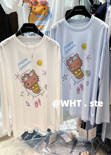 WHT夏季新款清新夏日海边度假风趣味Kitty防晒长袖T恤