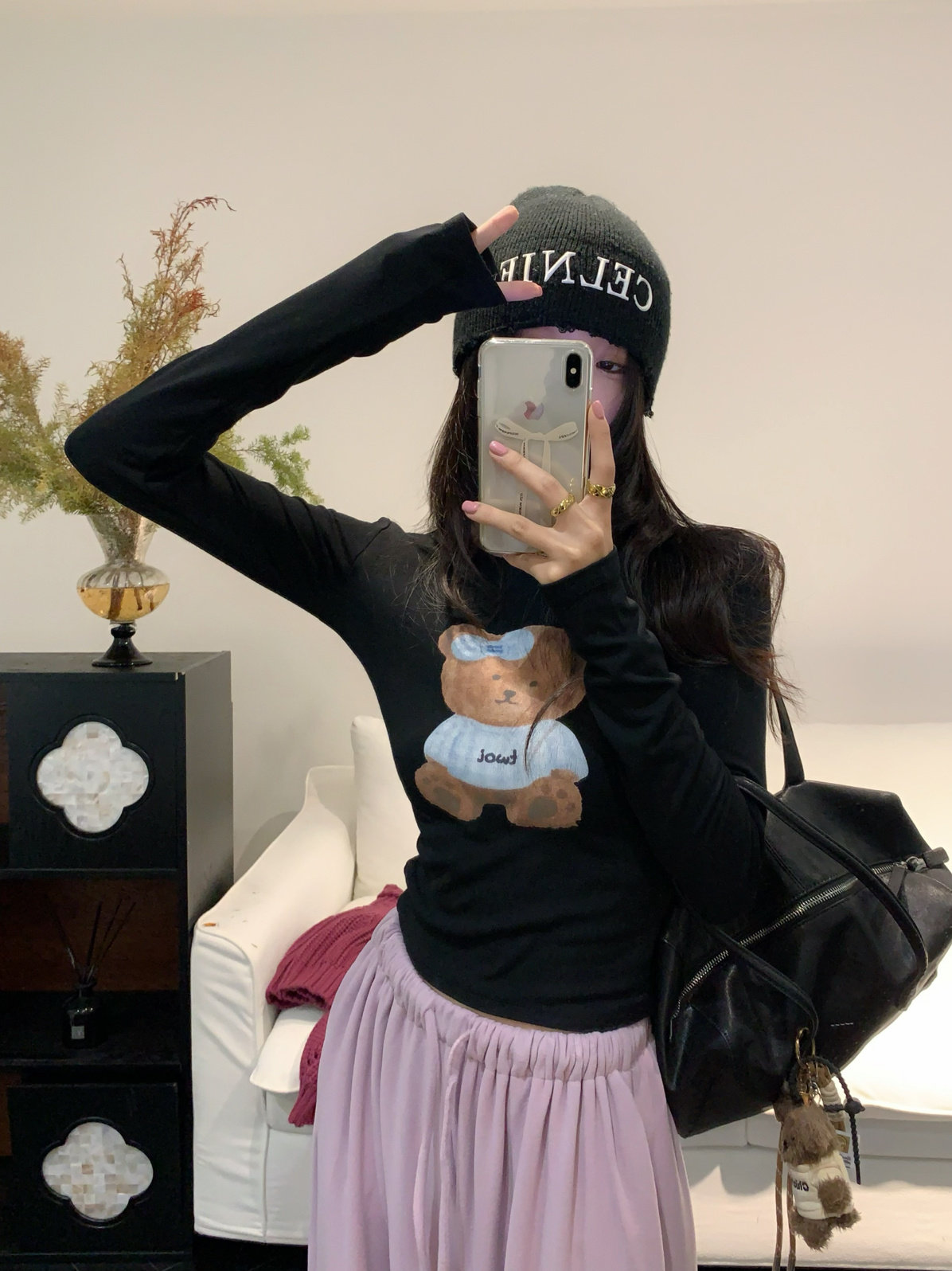 VANESSA冬新款韩版磨毛卡通小熊印花修身长袖T恤打底衫上衣266970