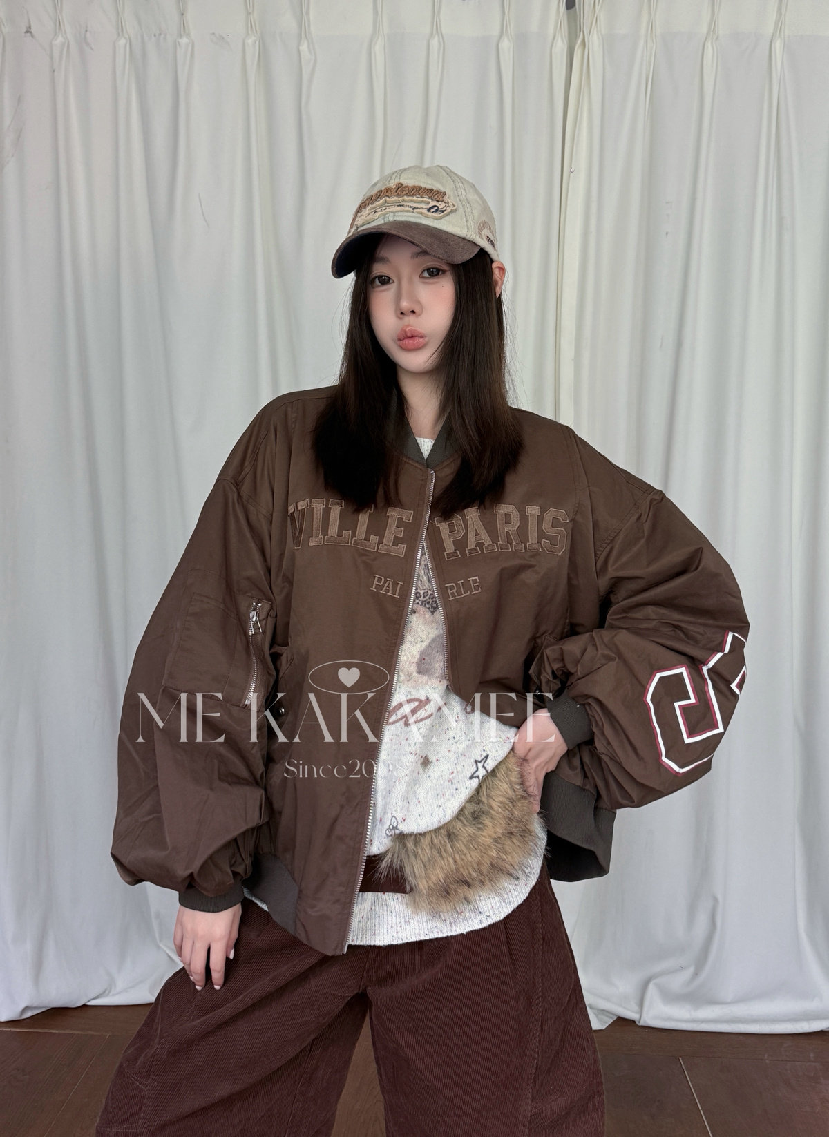 ME KAKAMEE秋新品美式复古字母刺绣夹棉宽松大版棉服棒球服S5689