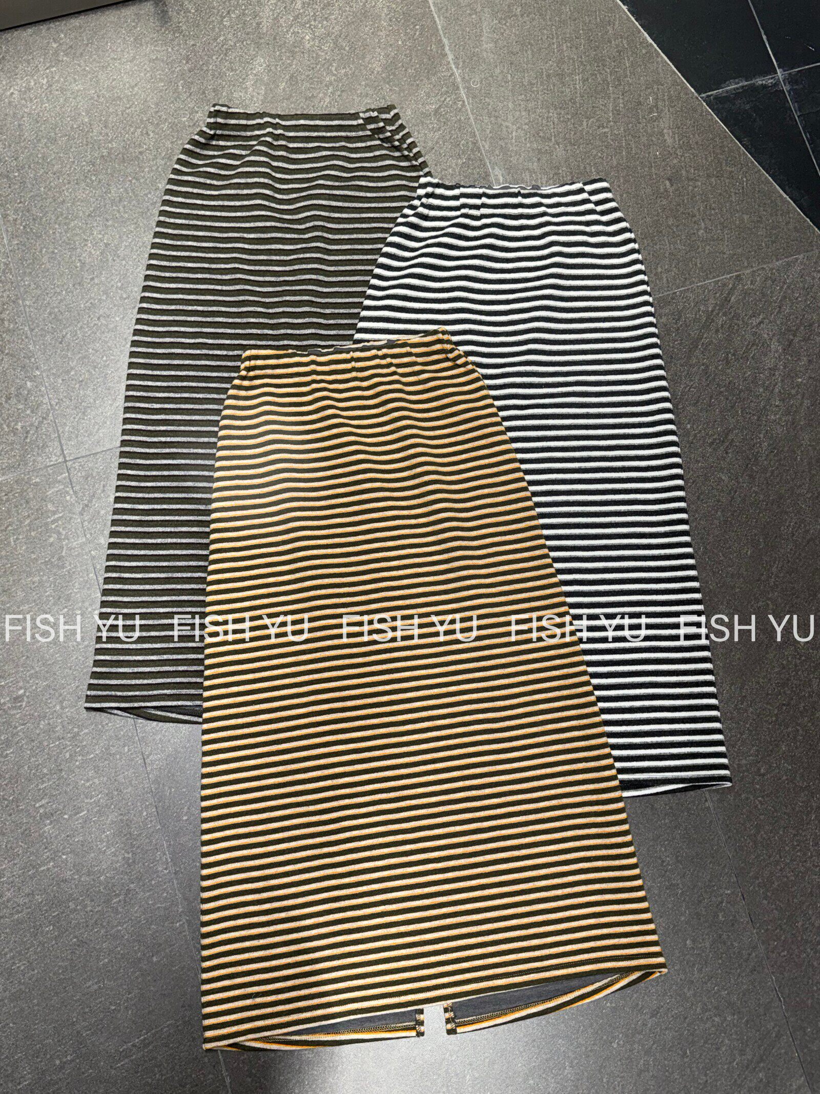 FISH YU秋新款韩系条纹毛呢后开叉梨形友好半身裙中长裙女26665