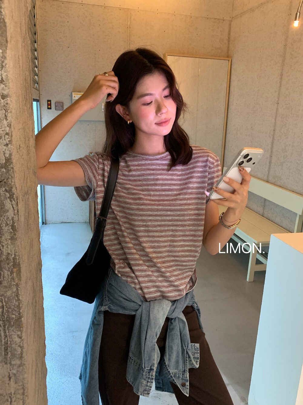柠檬绿茶2026秋新款实用主义撞色条纹圆领显瘦短袖T恤上衣女
