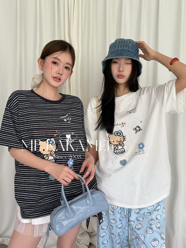 ME KAKAMEE卡通贴布绣花KT立体手缝花朵条纹宽松大版短袖T恤5060