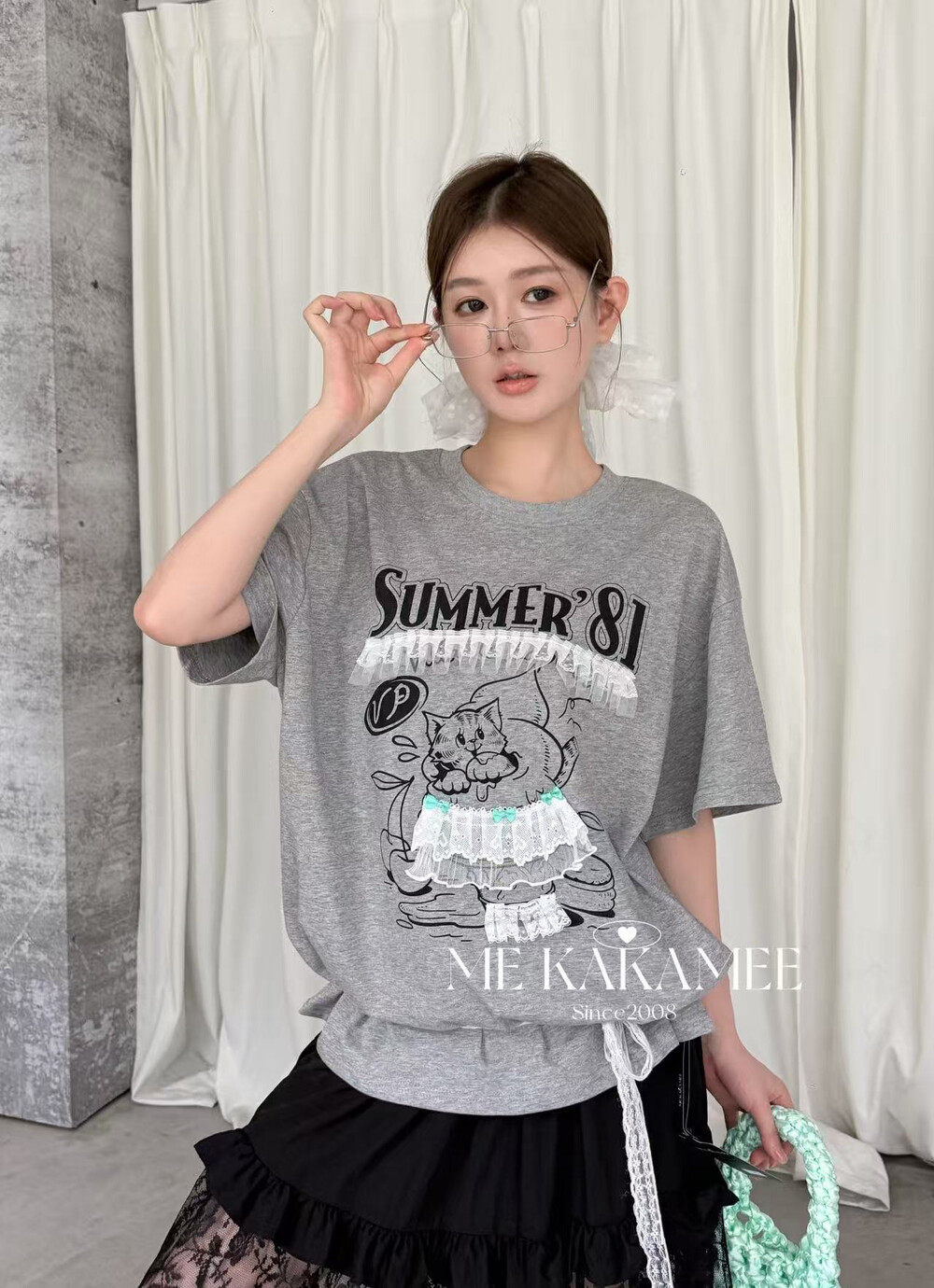 ME KAKAMEE夏新品喷画小猫立体蕾丝工艺设计感大版短袖T恤女9358