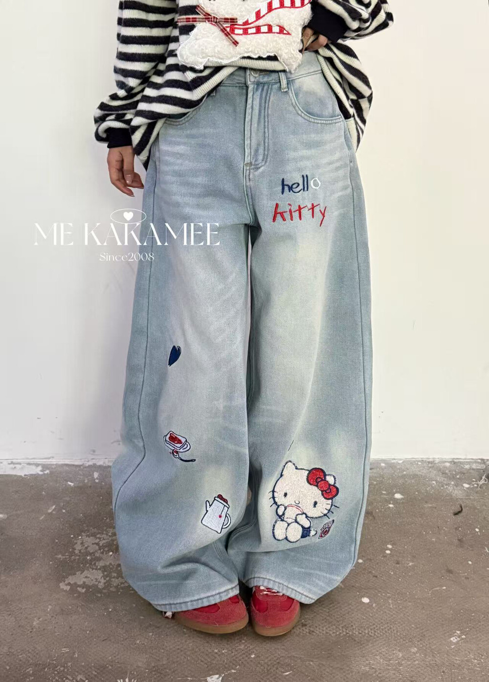 KAKAMEE冬新品立体毛巾绣kitty猫休闲工艺厚绒加绒牛仔裤C0599