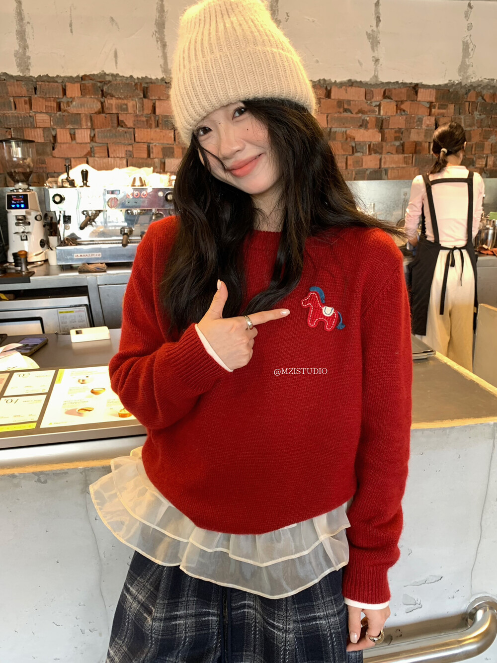 MZI STUDIO韩标！冬季可爱立体小马质感套头保暖红色毛衣25195