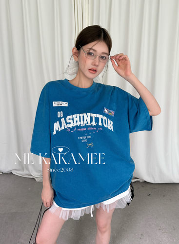 ME KAKAMEE美式复古字母喷画KT贴布绣AB面水洗炒纱短袖T恤S5193