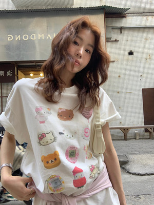 The lemon早春新款云朵kiity可爱卡通印花宽松白色短袖T恤10119