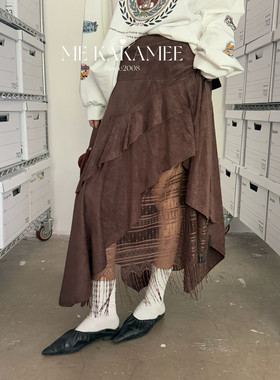 ME KAKAMEE秋新品美式复古不规则蕾丝拼接麂皮半身裙中长裙A2869