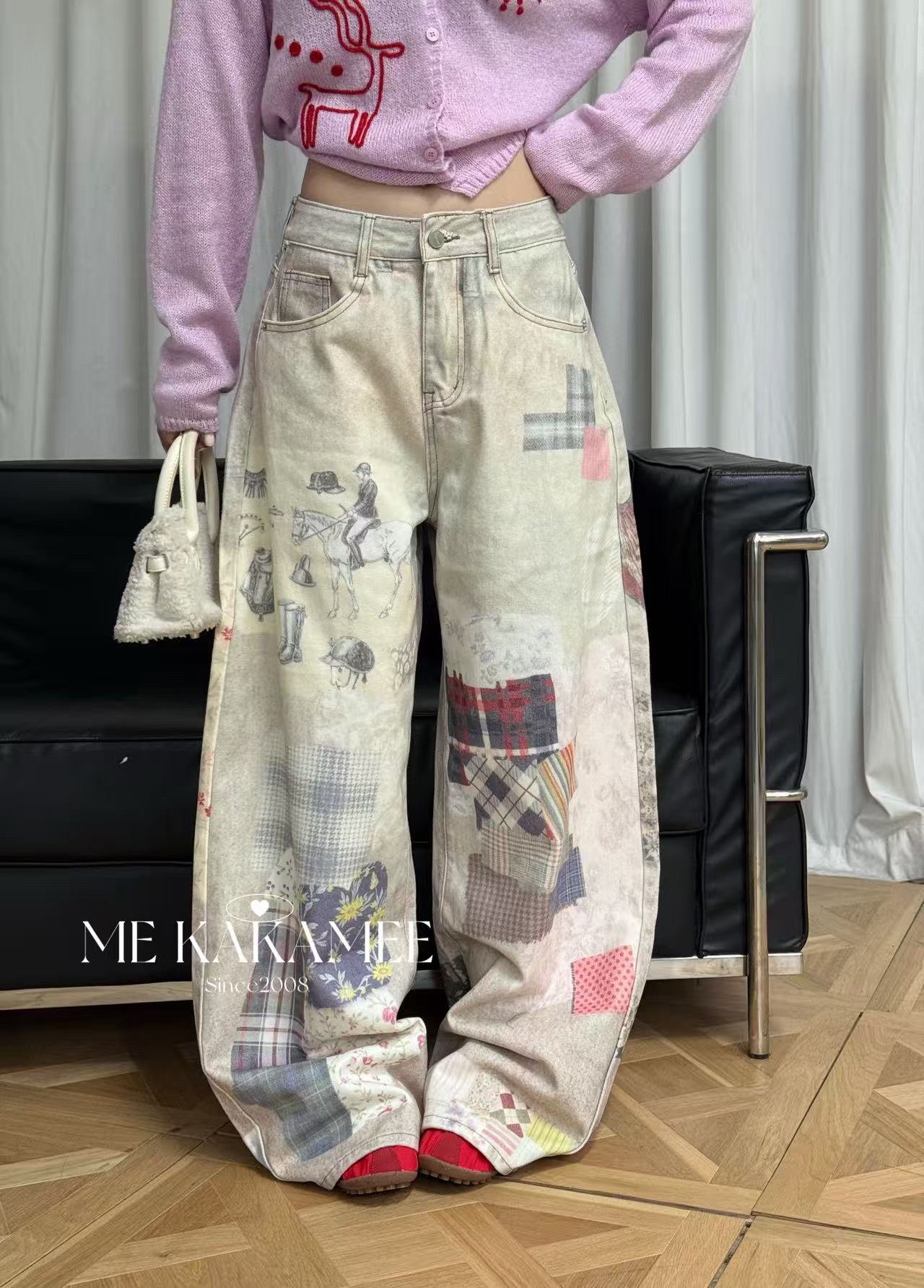 ME KAKAMEE秋新品卡通3D涂鸦设计感阔腿牛仔裤长裤显瘦女C0959