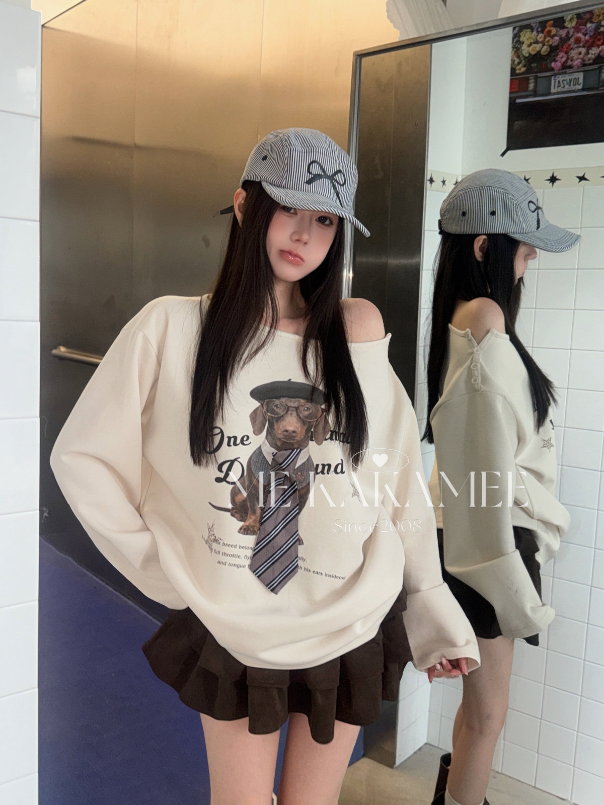 ME KAKAMEE复古领带腊肠狗喷画可调节钮扣斜肩宽松大版卫衣S5652