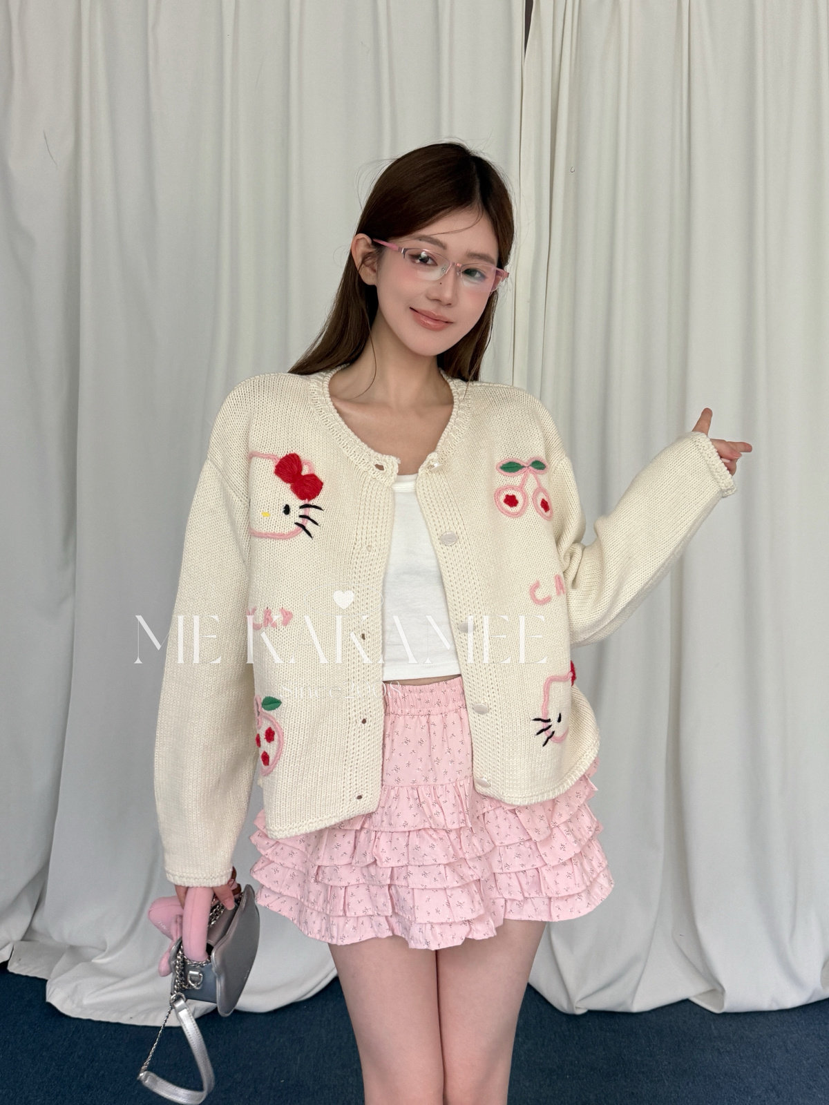 ME KAKAMEE秋新品卡通韩系KT猫重工提花宽松针织开衫外套女A3629