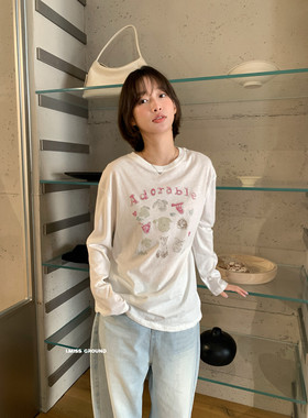 IMISS早春新款韩版简约百搭小狗印花长袖T恤上衣女70859