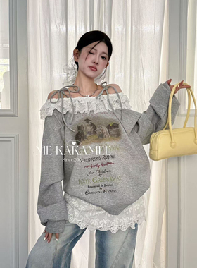 KAKAMEE新款蕾丝花边喷画猫咪上衣露肩绑带长袖T恤卫衣8239