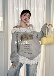 KAKAMEE新款 T恤卫衣8239 蕾丝花边喷画猫咪上衣露肩绑带长袖