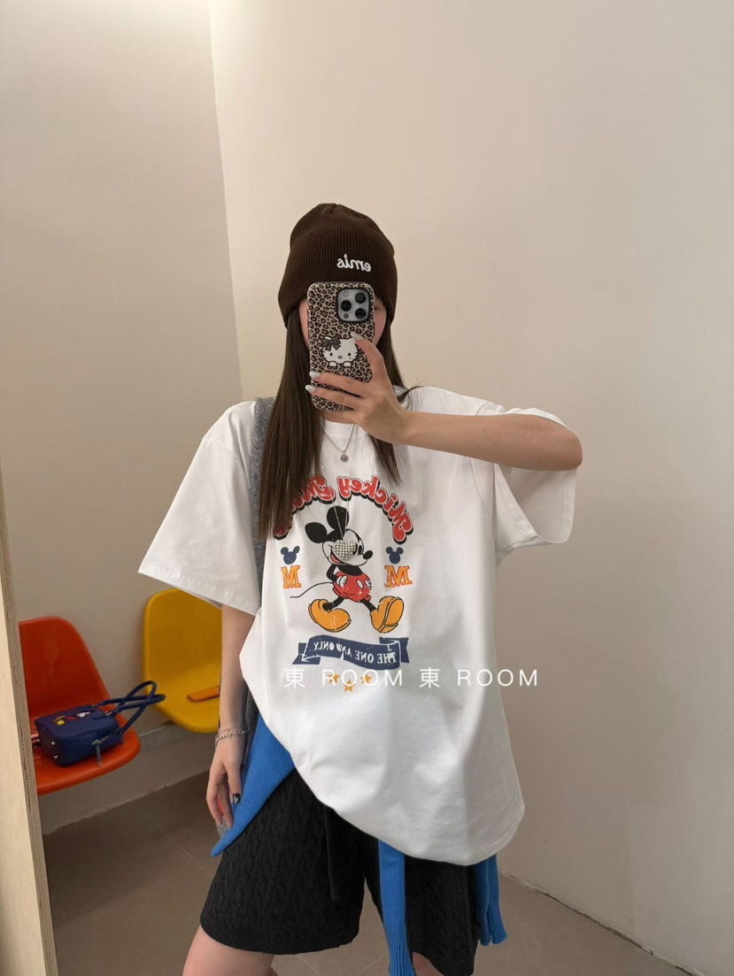 東ROOM秋新款美式复古米奇印花宽松圆领短袖T恤女上衣13007