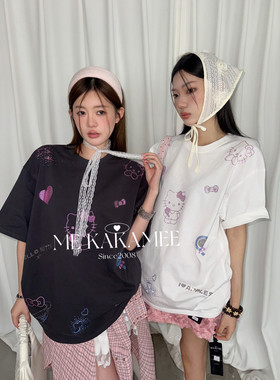 ME KAKAMEE春新品重工KT猫烫钻不规则图案宽松大版短袖T恤 S3895