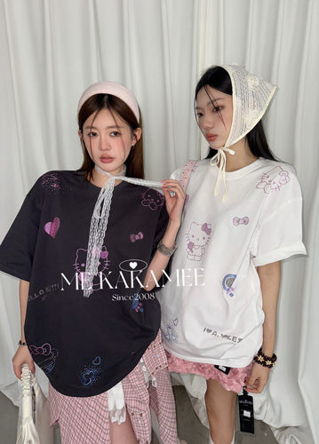 ME KAKAMEE春新品重工KT猫烫钻不规则图案宽松大版短袖T恤 S3895