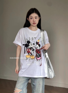 KAKAMEE夏季新款美式趣味喷画米奇立体蝴蝶结设计工艺短袖T恤