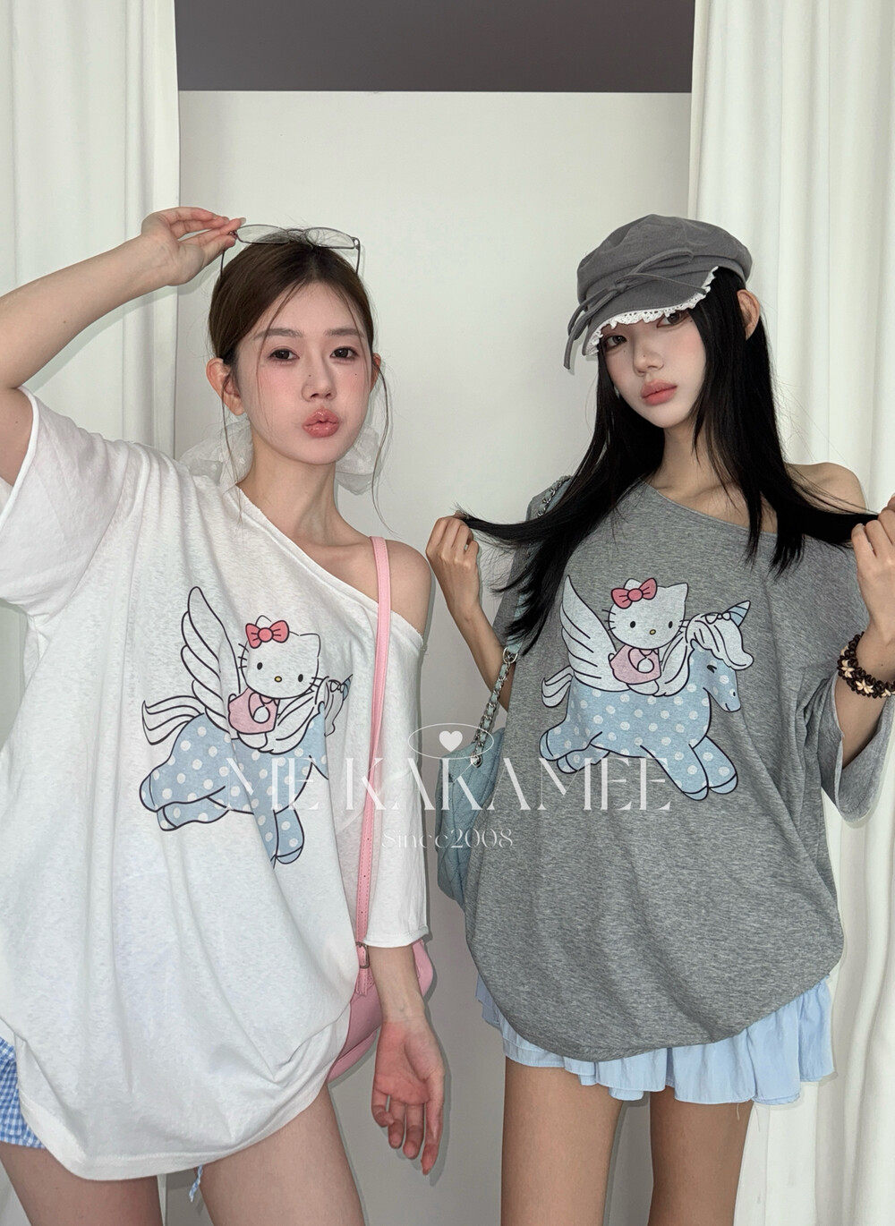ME KAKAMEE夏HelloKitty彩喷立体翅膀薄款雪花棉斜肩短袖T恤S5381