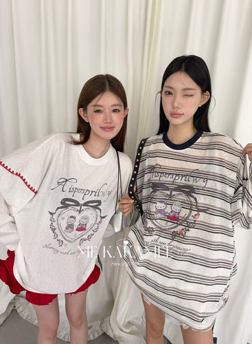 ME KAKAMEE夏季新品喷画爱心KT猫牙边设计雪花棉防晒长袖T恤9198