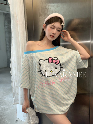 ME KAKAMEE新品韩系蕾丝KT喷画条纹彩点斜肩宽松大版短袖T恤S5180