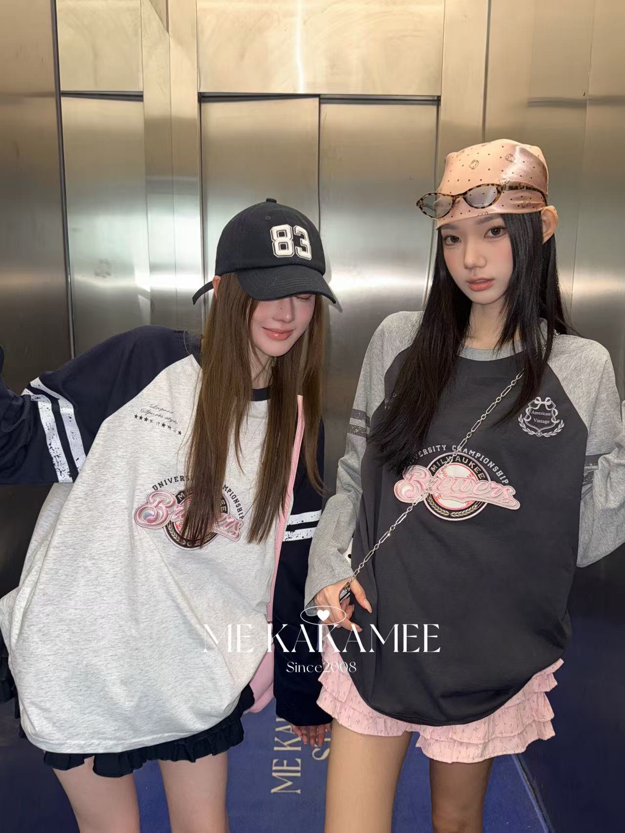 ME KAKAMEE秋新品美式立体字母撞色设计插肩袖长袖长袖T恤女9665