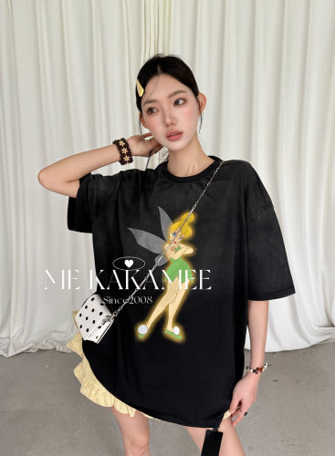 ME KAKAMEE夏新品奇妙仙子渐变喷漆AB面水洗宽松大版短袖T恤S5067