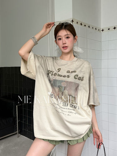 ME KAKAMEE夏新款美式复古做旧猫咪渐变宽松大版短袖T恤女S5377