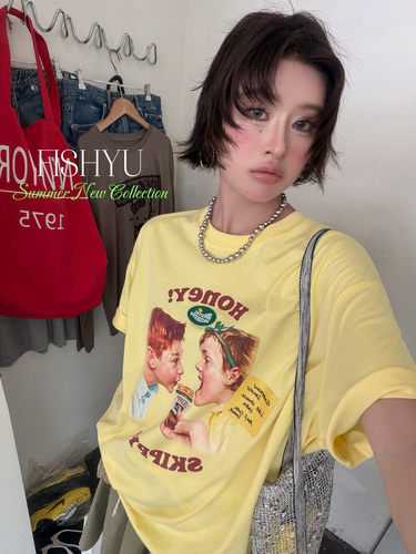 FISH YU美式复古怀旧油画风白墨印花立体字母圆领大版短袖T恤女