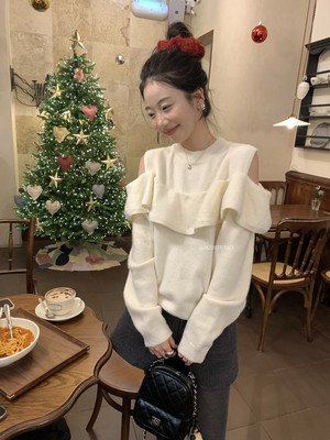 MZI STUDIO韩感约会小心机假两件荷叶边露肩显瘦氛围感毛衣25192